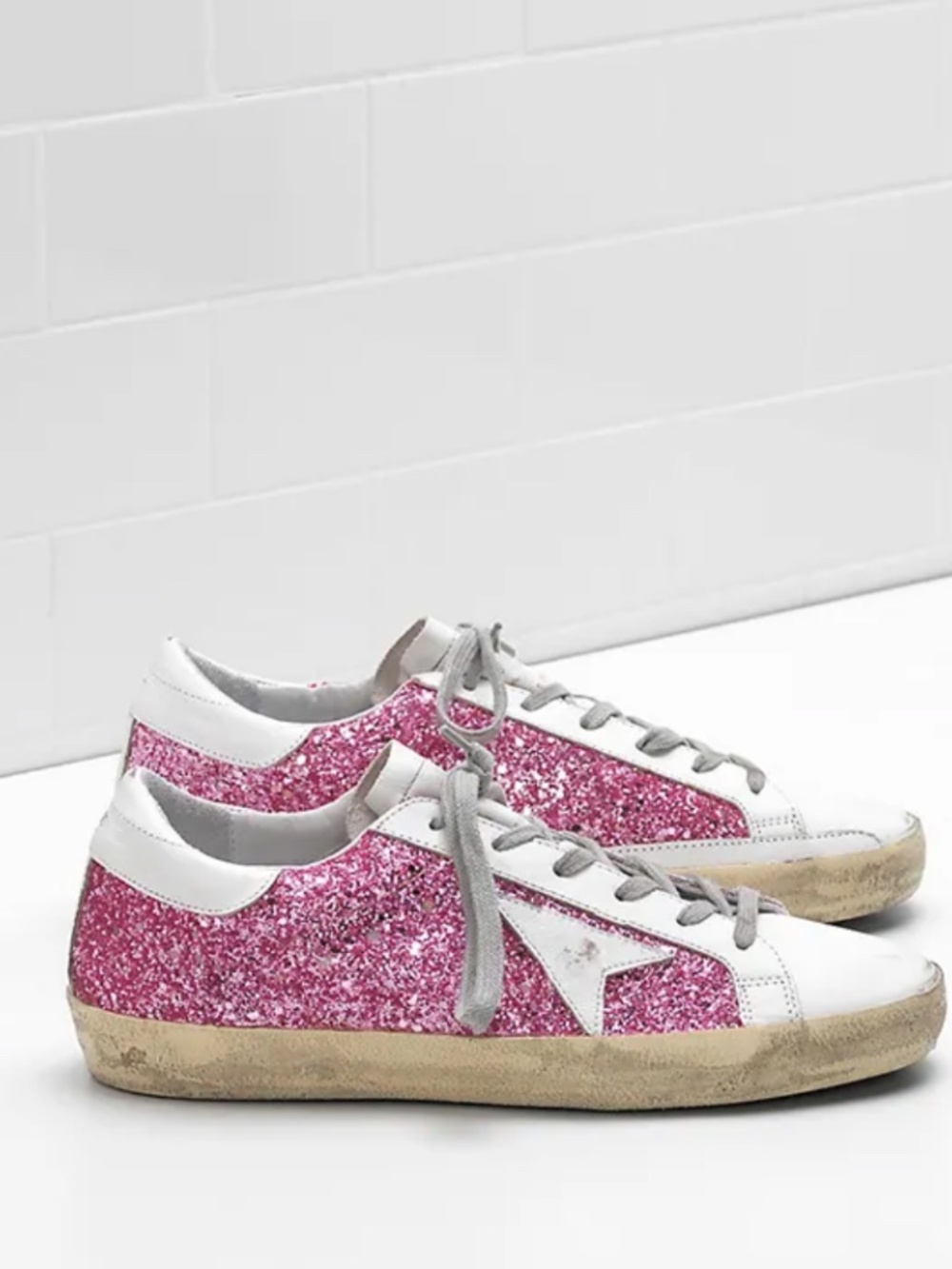 Golden Goose White/Pink Leather and Glitter Super Star Applique Sneakers Size 37